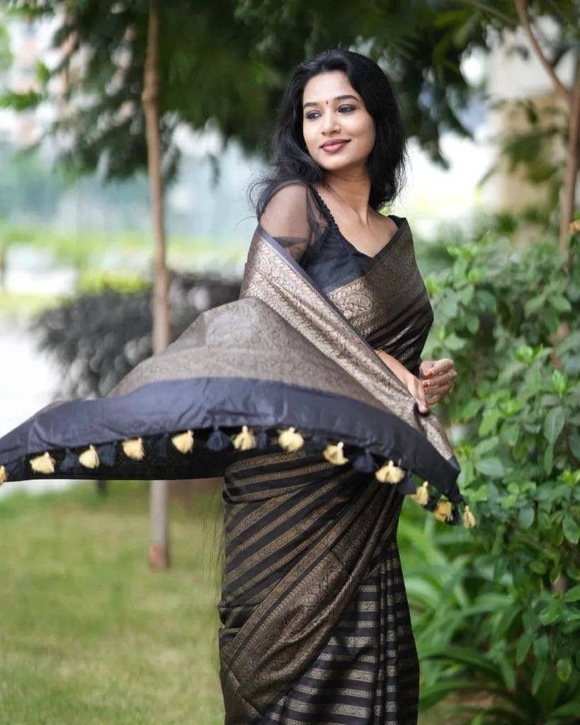 Vamika Weaving Banarasi Jacquard Black Kanjivaram Saree