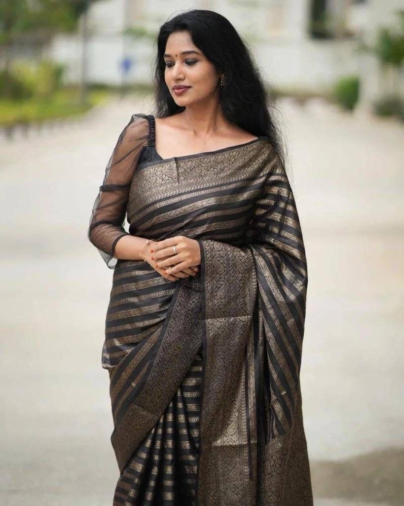 Vamika Weaving Banarasi Jacquard Black Kanjivaram Saree
