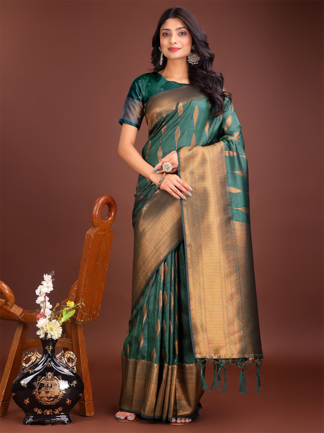 Shree Shyam Fashion Green Linen Cotton Saree with Golden Zari Leaf Woven Design & Rich Pallu - Festive Wear | Office Look | Soft Drape