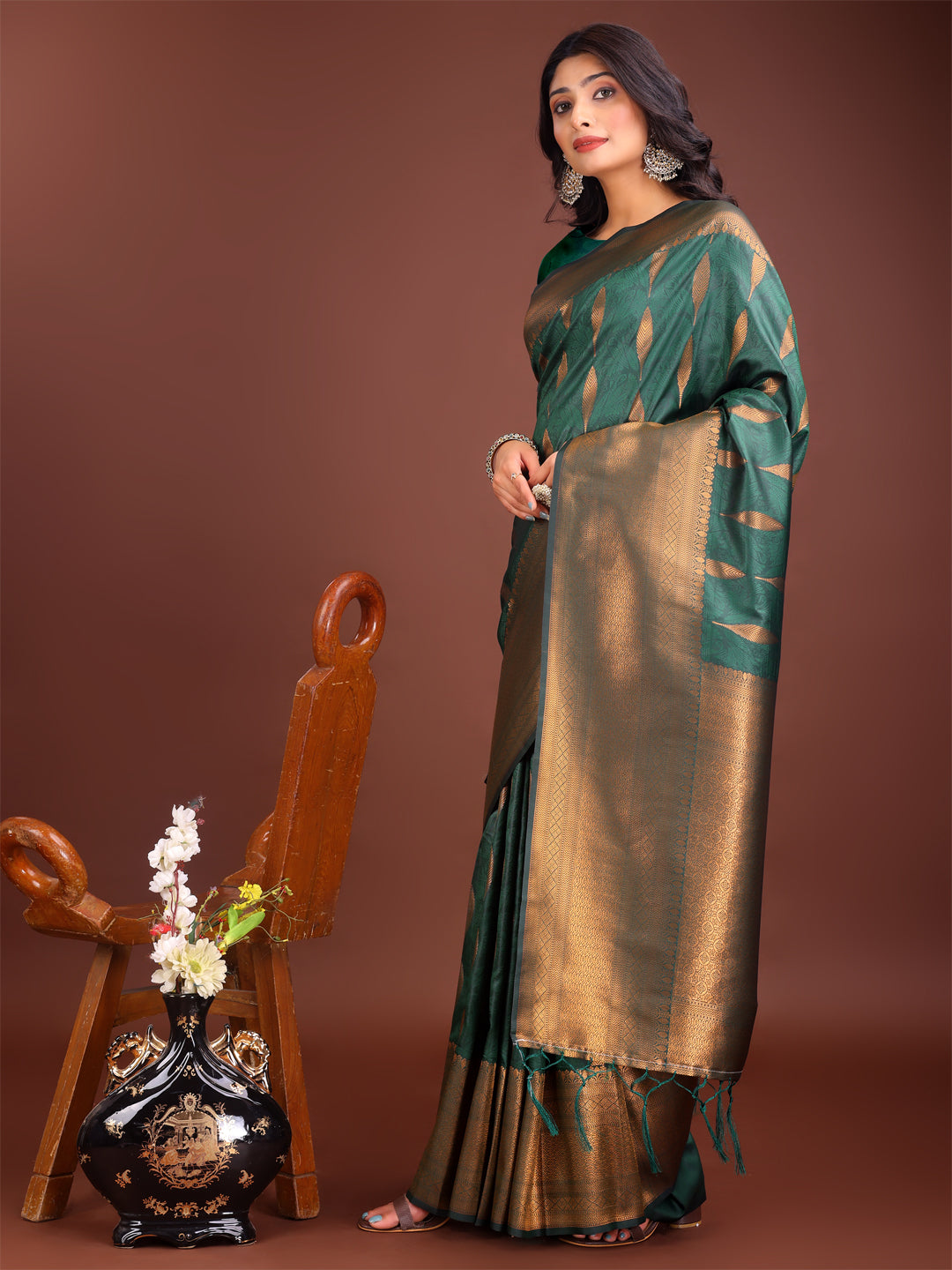 Shree Shyam Fashion Green Linen Cotton Saree with Golden Zari Leaf Woven Design & Rich Pallu - Festive Wear | Office Look | Soft Drape