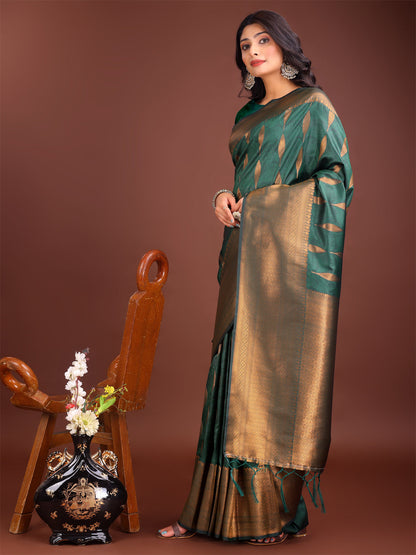 Shree Shyam Fashion Green Linen Cotton Saree with Golden Zari Leaf Woven Design & Rich Pallu - Festive Wear | Office Look | Soft Drape