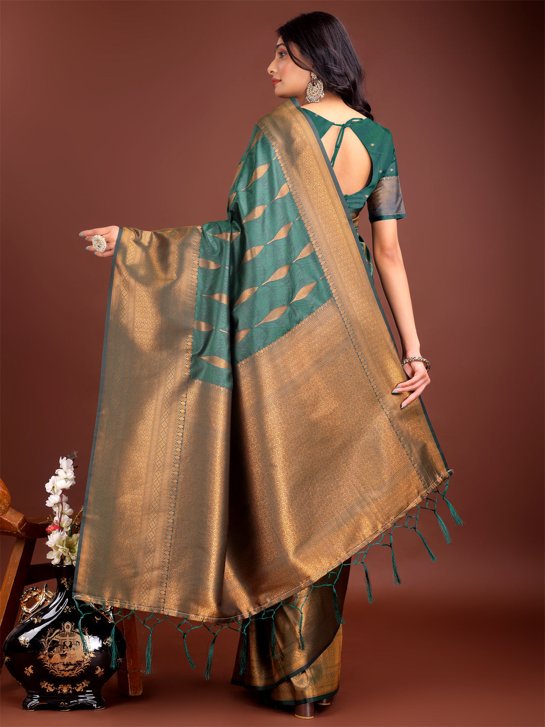 Shree Shyam Fashion Green Linen Cotton Saree with Golden Zari Leaf Woven Design & Rich Pallu - Festive Wear | Office Look | Soft Drape
