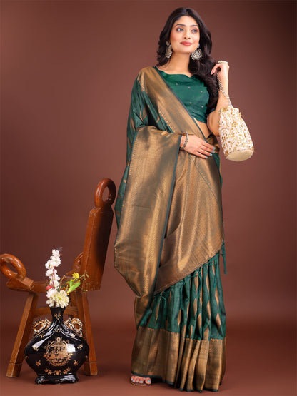 Shree Shyam Fashion Green Linen Cotton Saree with Golden Zari Leaf Woven Design & Rich Pallu - Festive Wear | Office Look | Soft Drape