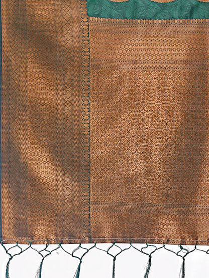 Shree Shyam Fashion Green Linen Cotton Saree with Golden Zari Leaf Woven Design & Rich Pallu - Festive Wear | Office Look | Soft Drape
