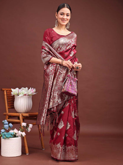 Shree Shyam Fashion Emerald Maroon Banarasi Silk Saree with Zari Floral Work - Elegance Woven in Every Thread