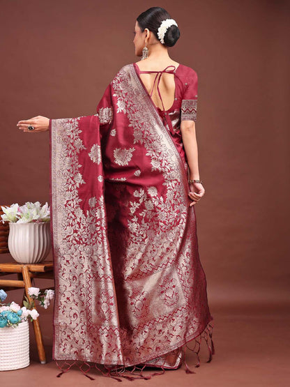 Shree Shyam Fashion Emerald Maroon Banarasi Silk Saree with Zari Floral Work - Elegance Woven in Every Thread
