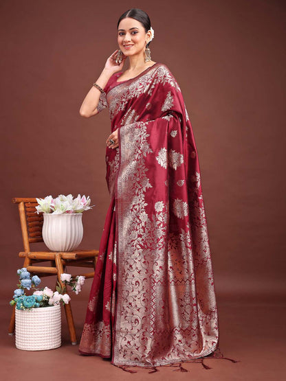 Shree Shyam Fashion Emerald Maroon Banarasi Silk Saree with Zari Floral Work - Elegance Woven in Every Thread