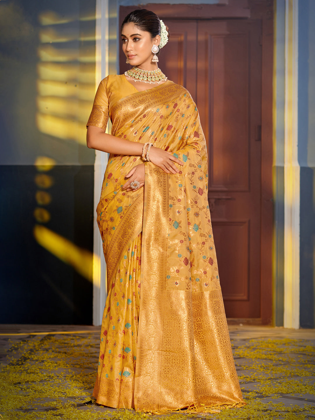 Shree Shyam Fashion Graceful Yellow Banarasi Silk Saree with Golden Zari Woven Border & Floral Jaal - Wedding & Festive Wear