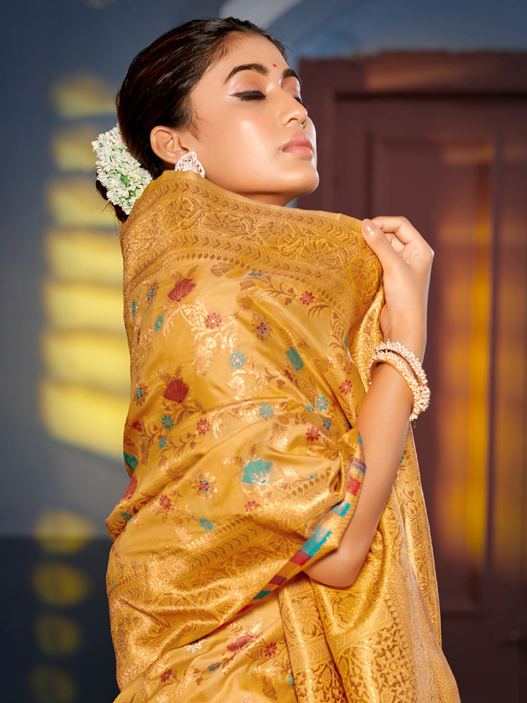 Shree Shyam Fashion Graceful Yellow Banarasi Silk Saree with Golden Zari Woven Border & Floral Jaal - Wedding & Festive Wear