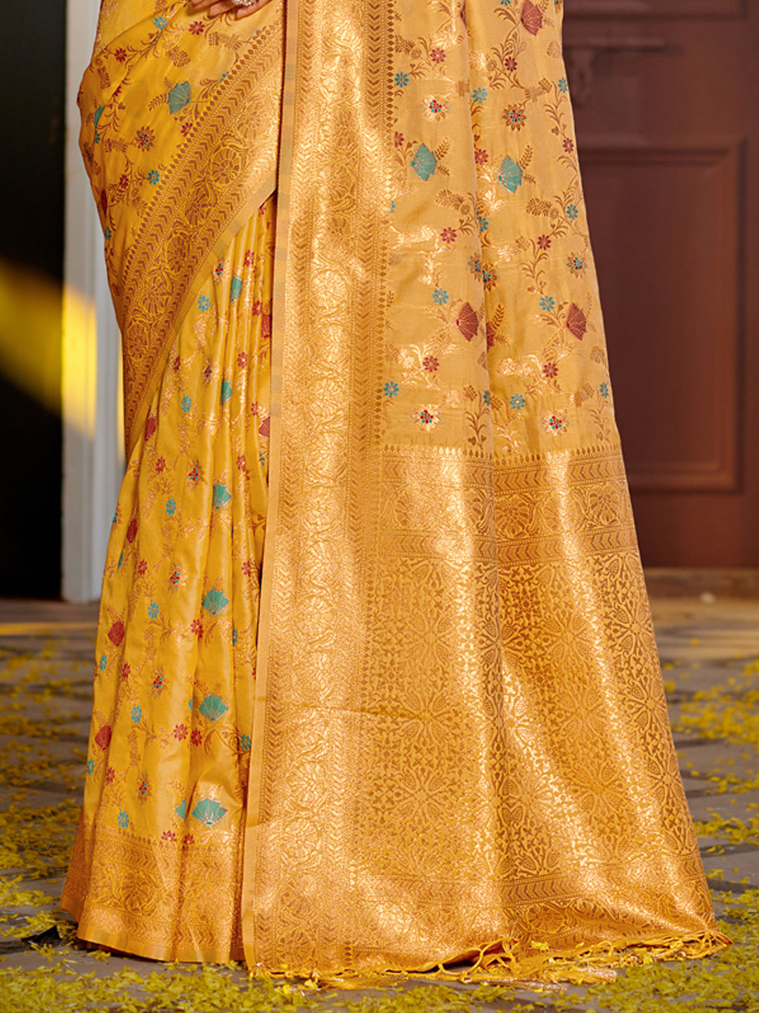 Shree Shyam Fashion Graceful Yellow Banarasi Silk Saree with Golden Zari Woven Border & Floral Jaal - Wedding & Festive Wear
