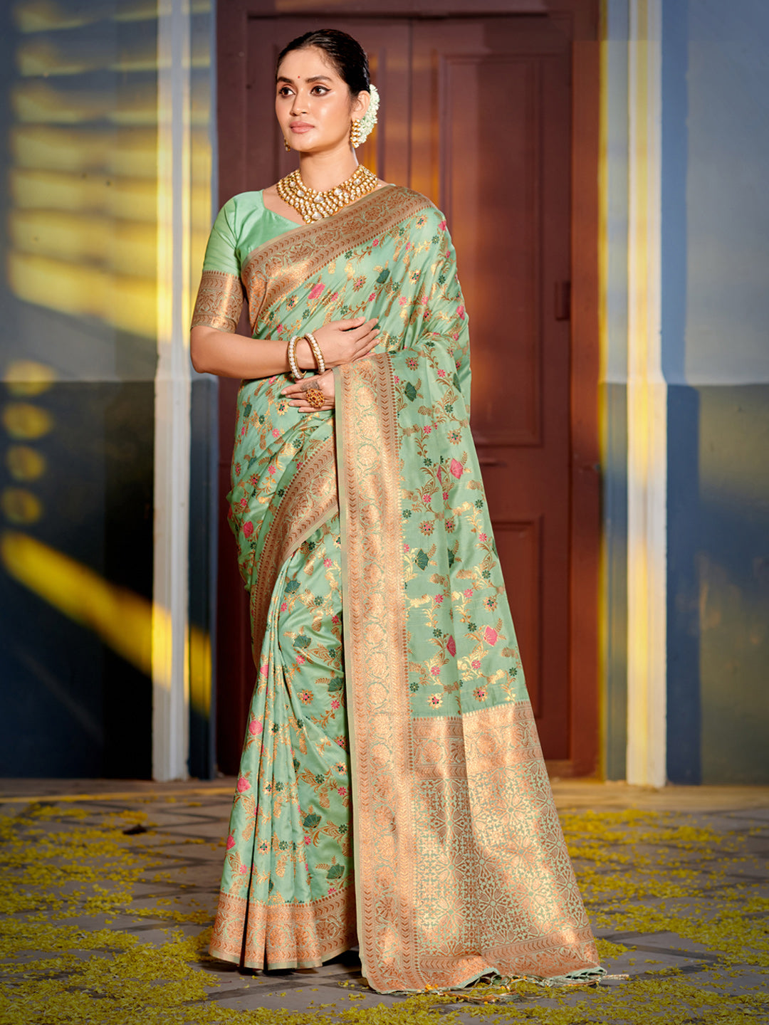 Shree Shyam Fashion Graceful Sea Green Banarasi Silk Saree with Golden Zari Woven Border & Floral Jaal - Wedding & Festive Wear