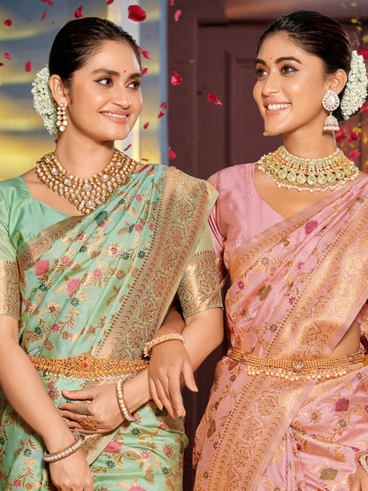 Shree Shyam Fashion Graceful Sea Green Banarasi Silk Saree with Golden Zari Woven Border & Floral Jaal - Wedding & Festive Wear