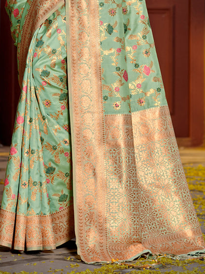 Shree Shyam Fashion Graceful Sea Green Banarasi Silk Saree with Golden Zari Woven Border & Floral Jaal - Wedding & Festive Wear