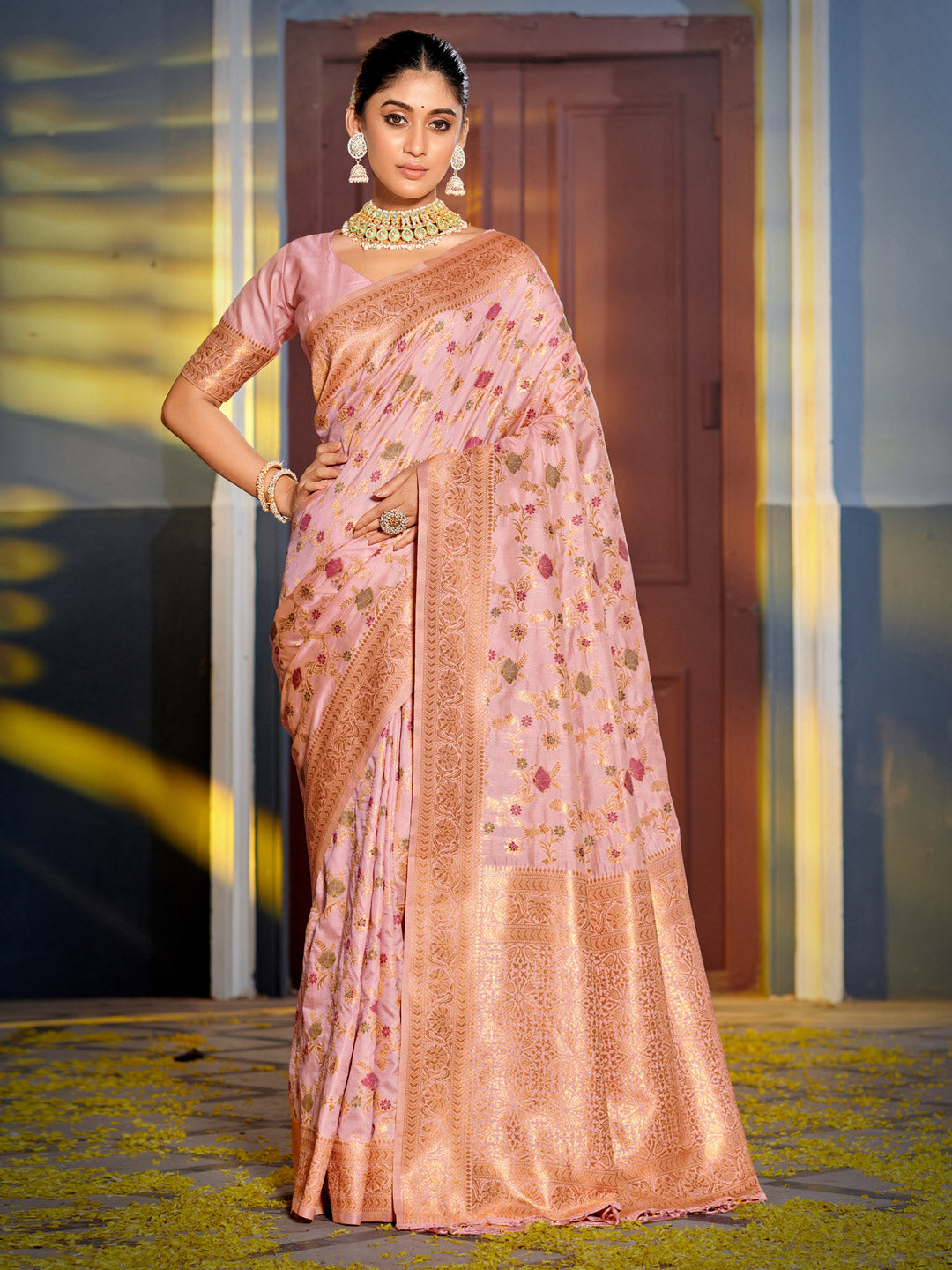 Shree Shyam Fashion Graceful Pink Banarasi Silk Saree with Golden Zari Woven Border & Floral Jaal - Wedding & Festive Wear