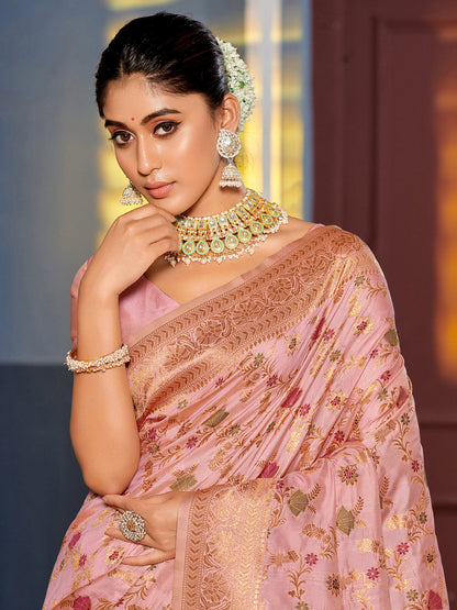 Shree Shyam Fashion Graceful Pink Banarasi Silk Saree with Golden Zari Woven Border & Floral Jaal - Wedding & Festive Wear