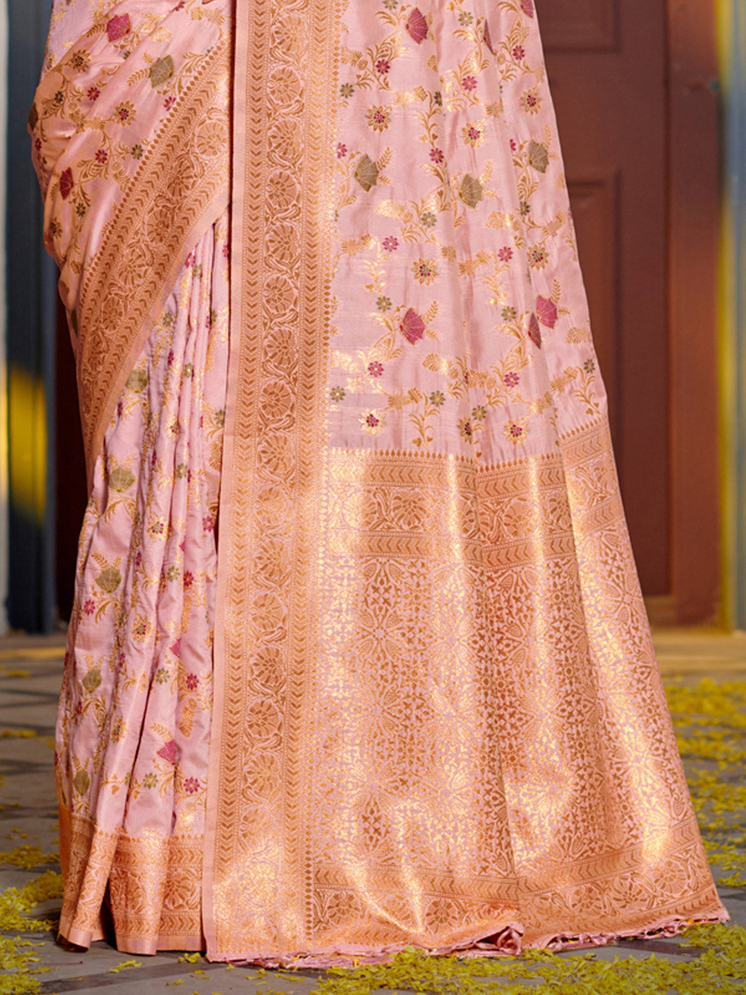 Shree Shyam Fashion Graceful Pink Banarasi Silk Saree with Golden Zari Woven Border & Floral Jaal - Wedding & Festive Wear