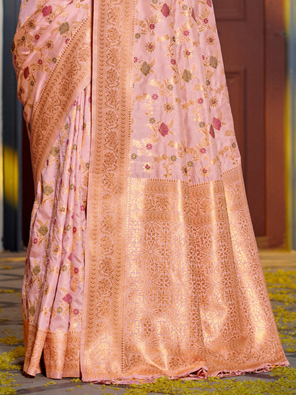 Shree Shyam Fashion Graceful Pink Banarasi Silk Saree with Golden Zari Woven Border & Floral Jaal - Wedding & Festive Wear