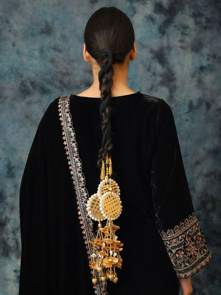 Ruby Raang Gold Gota Pati Work And Threads With Pearls And Black Thread And Mirrors