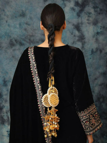 Ruby Raang Gold Gota Pati Work And Threads With Pearls And Black Thread And Mirrors