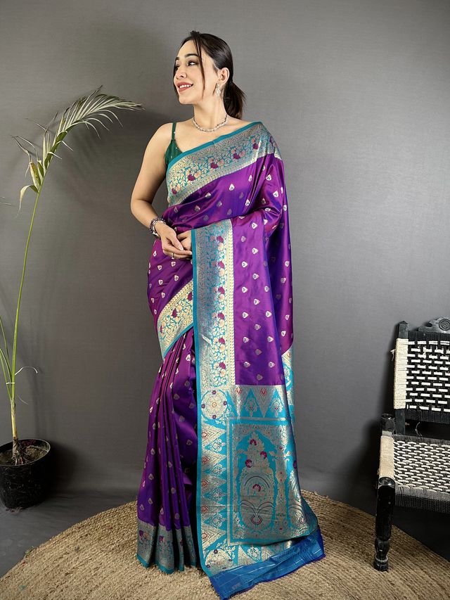 Elora Purple Soft Silk Intricate Motifs Zari Weaving Banarasi Saree With Contrast Weaving Border