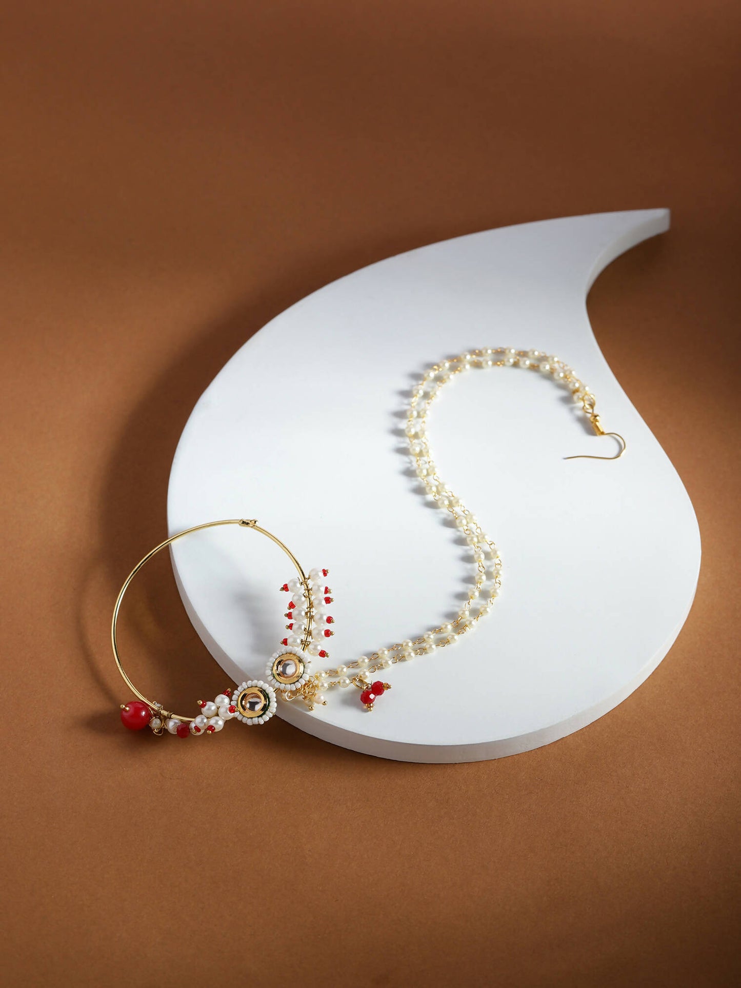 Gold-Polished White Red Kundan Studded Beaded Chained Nose Ring - Ruby Raang