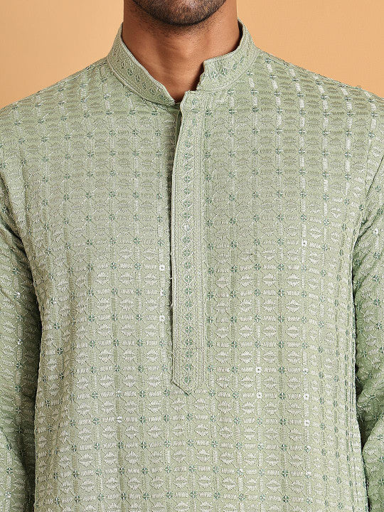 Anouk Men Geometric Embroidered Chikankari Kurta Green