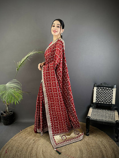 Joban Fashion Maroon Bandhej Bandhani Vichitra Silk Bandhani Prints Saree