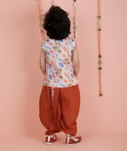 Joban Fashion Kids Island Cotton Sleeveless printed Kurta and Solid Dhoti - Rust