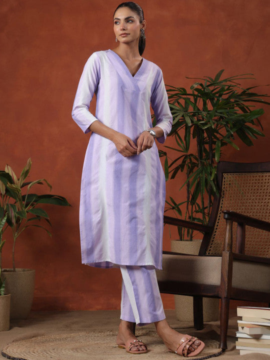 Anayna Striped V-Neck Pure Cotton Straight Kurta With Trousers