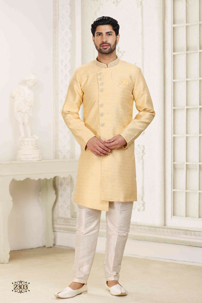 Raivat Ethnic Banarasi Jacquard Embroidery Semi Indo Western Sherwani In Yellow Colour