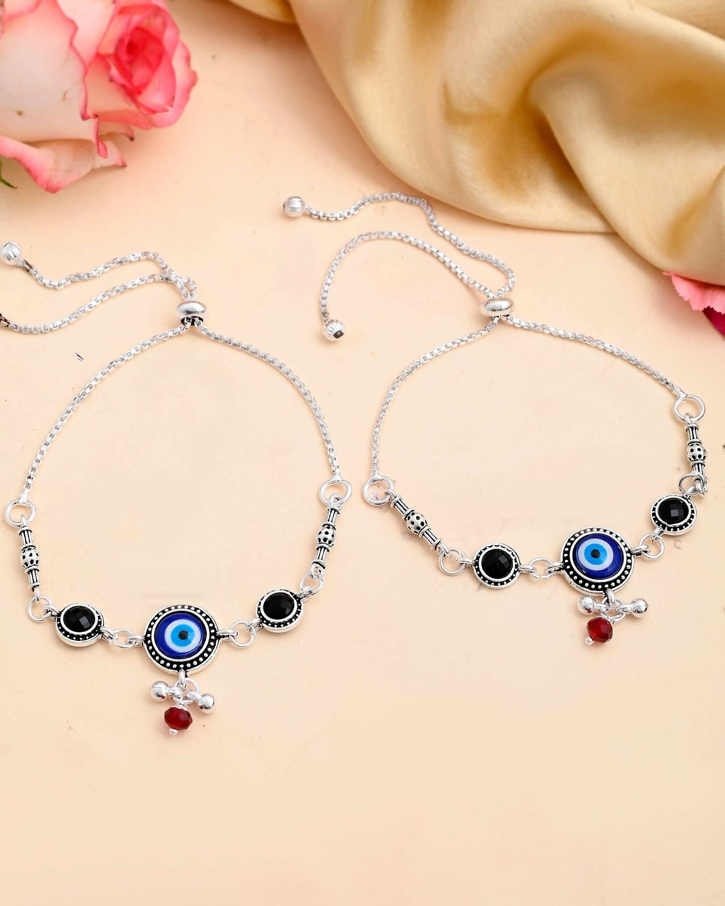 VOJ Set of 2 Silver Plated Evil Eye HandCrafted Adjustable Anklet