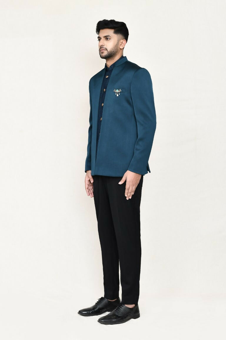 Joban Fashion Green Colored Imported Polyester Fabric Open Prince Coat, Jacket With Pant