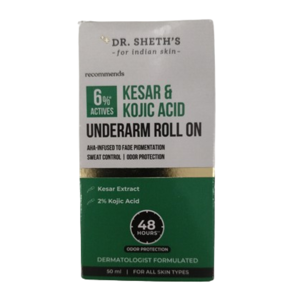 Dr. Sheth's Kesar & Kojic Acid Underarm Roll-on 6% Actives -AHA, Kojic Acid & Niacinamide, Controls Body Odor, Sweat & Fade Pigmentation