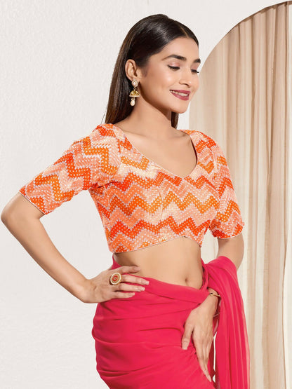 Joban Fashion Orange Chiffon Padded Blouse With Square Neck Elbow Sleeves