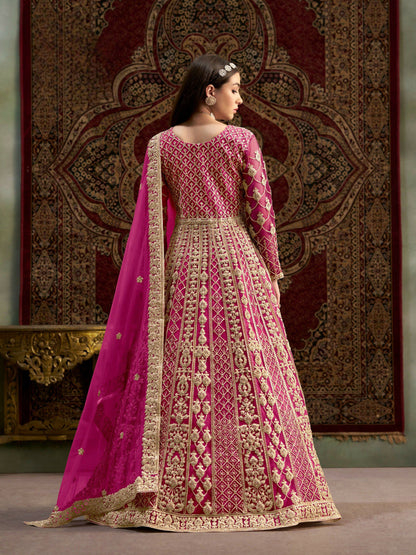 Anaita Rani Pink Embroidered Net Stitched Anarkali Suit