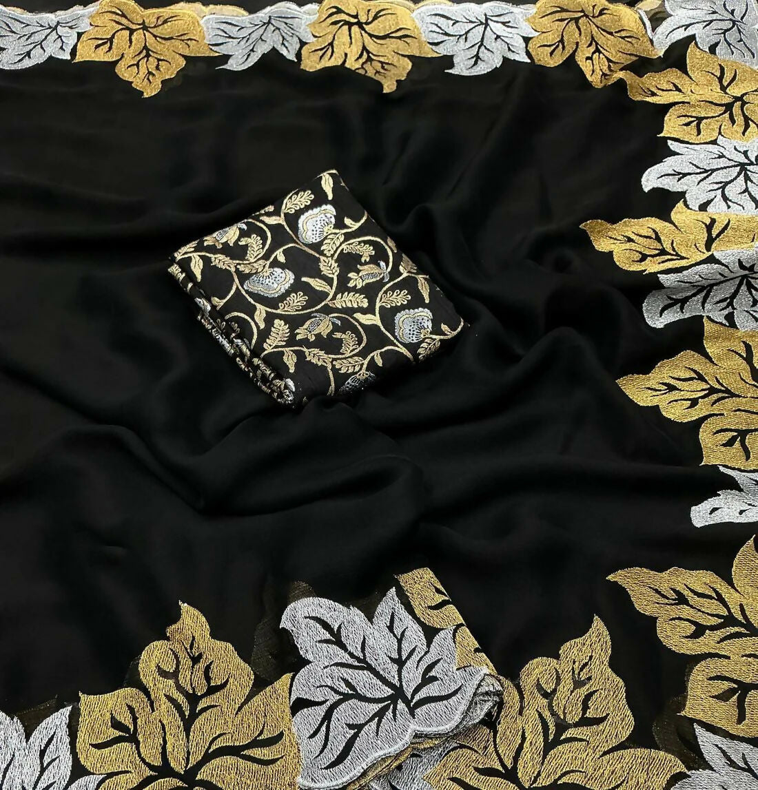 Vastranavya Satin Chiffon Silk Beautiful Designer Zari Thread Embroidery work of Leaf Design with Cutwork Border Saree with Blouse Material - Black