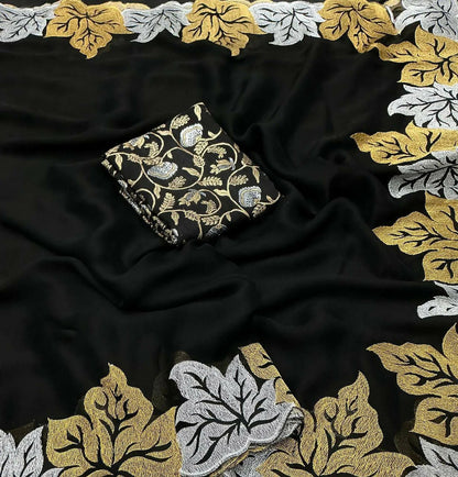 Vastranavya Satin Chiffon Silk Beautiful Designer Zari Thread Embroidery work of Leaf Design with Cutwork Border Saree with Blouse Material - Black