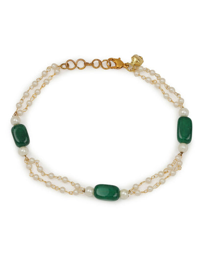 Gold-Polished White Green Pearl Beaded Anklets - Ruby Raang