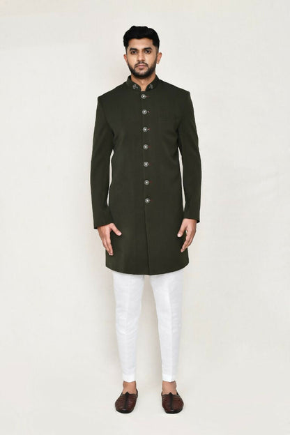 Joban Fashion Green Colored Terry Rayon Fabric Indo Western With Straight Fit Pant