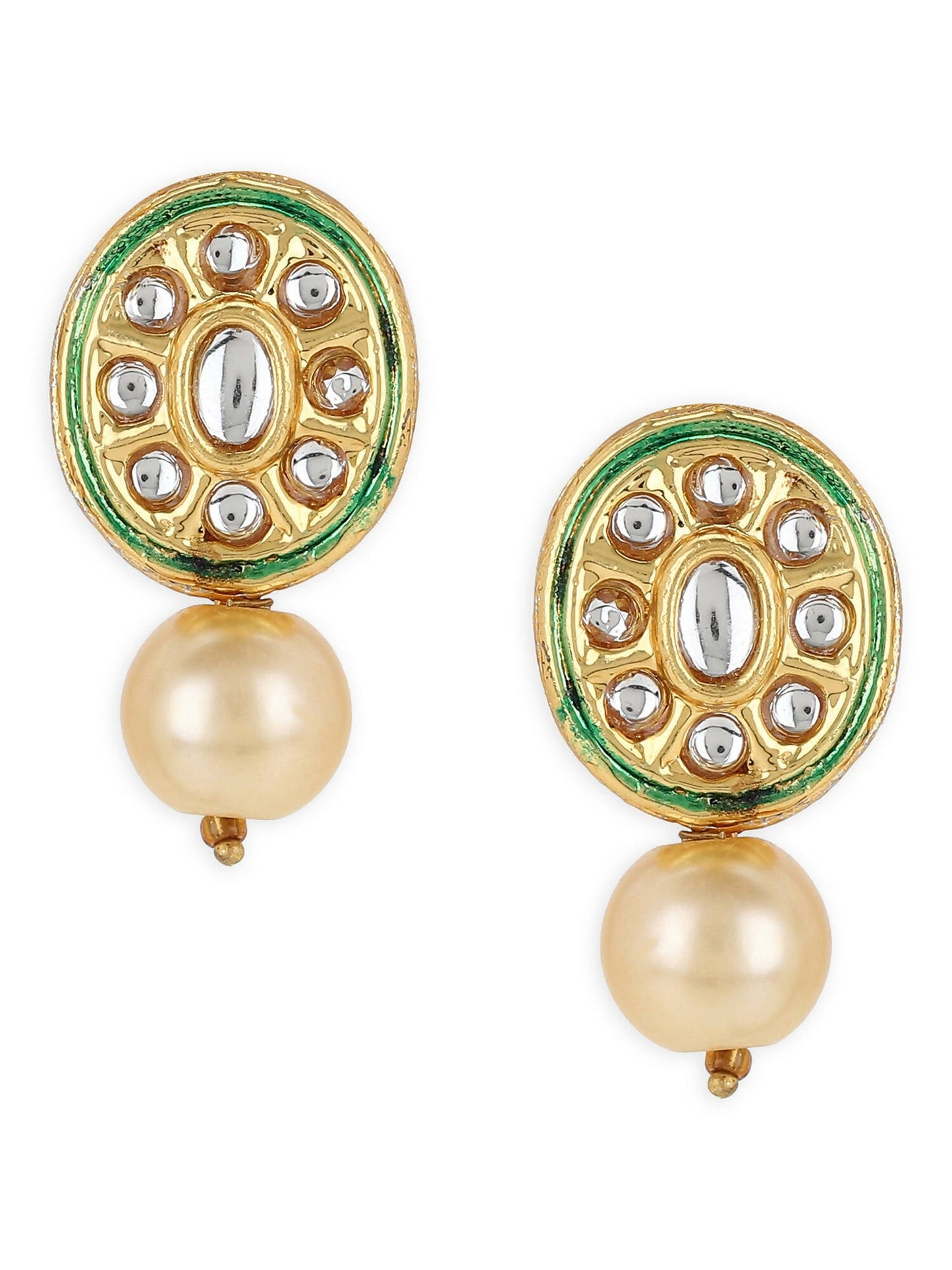 Gold-Toned White Kundan Oval-Shape Gold-Polished Studs Earrings - Ruby Raang