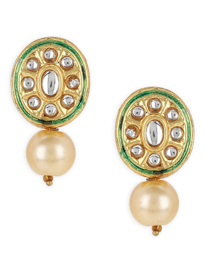 Gold-Toned White Kundan Oval-Shape Gold-Polished Studs Earrings - Ruby Raang