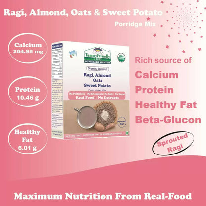 TummyFriendly Foods Certified Organic Sprouted Ragi, Almond, Oats, Sweet Potato Porridge Mix
