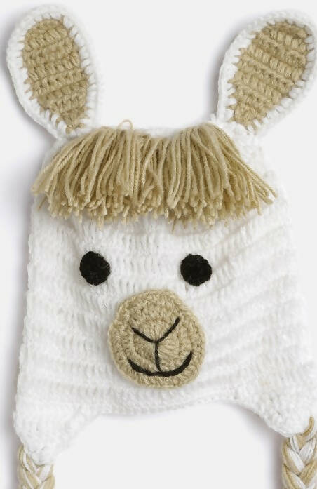 Chutput Kids Woollen Hand Knitted Llama Detail Cap - White