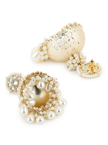 Gold-Toned White Pearl Beaded Contemporary Gold-Polished Jhumkas Earrings - Ruby Raang