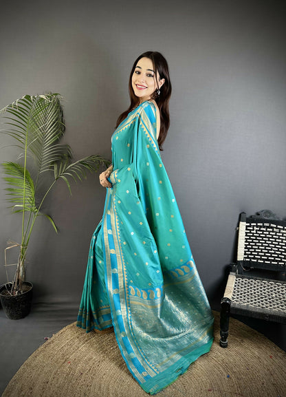 Joban Fashion Sea Green Banarasi Soft Silk Woven Saree