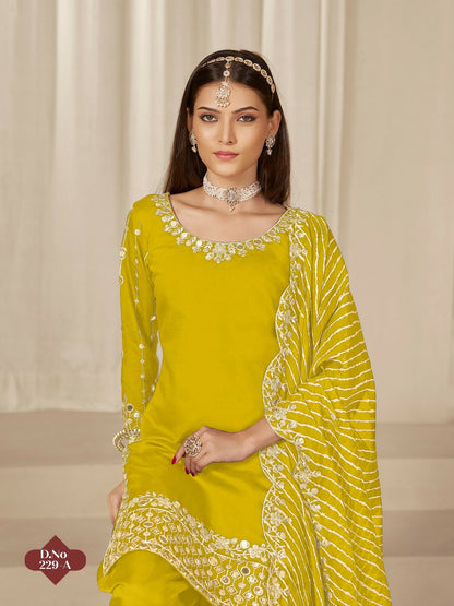Anaita Yellow Roman Silk Stitched Suit with Embroidery & Real Mirror Work