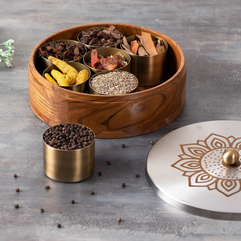 Nestroots Inscribe Acacia Wood Masala Box Floral Silver Laser Design