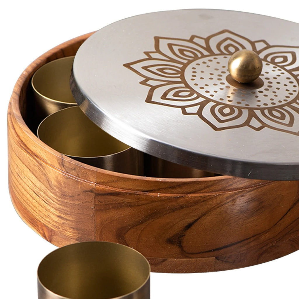 Nestroots Inscribe Acacia Wood Masala Box Floral Silver Laser Design