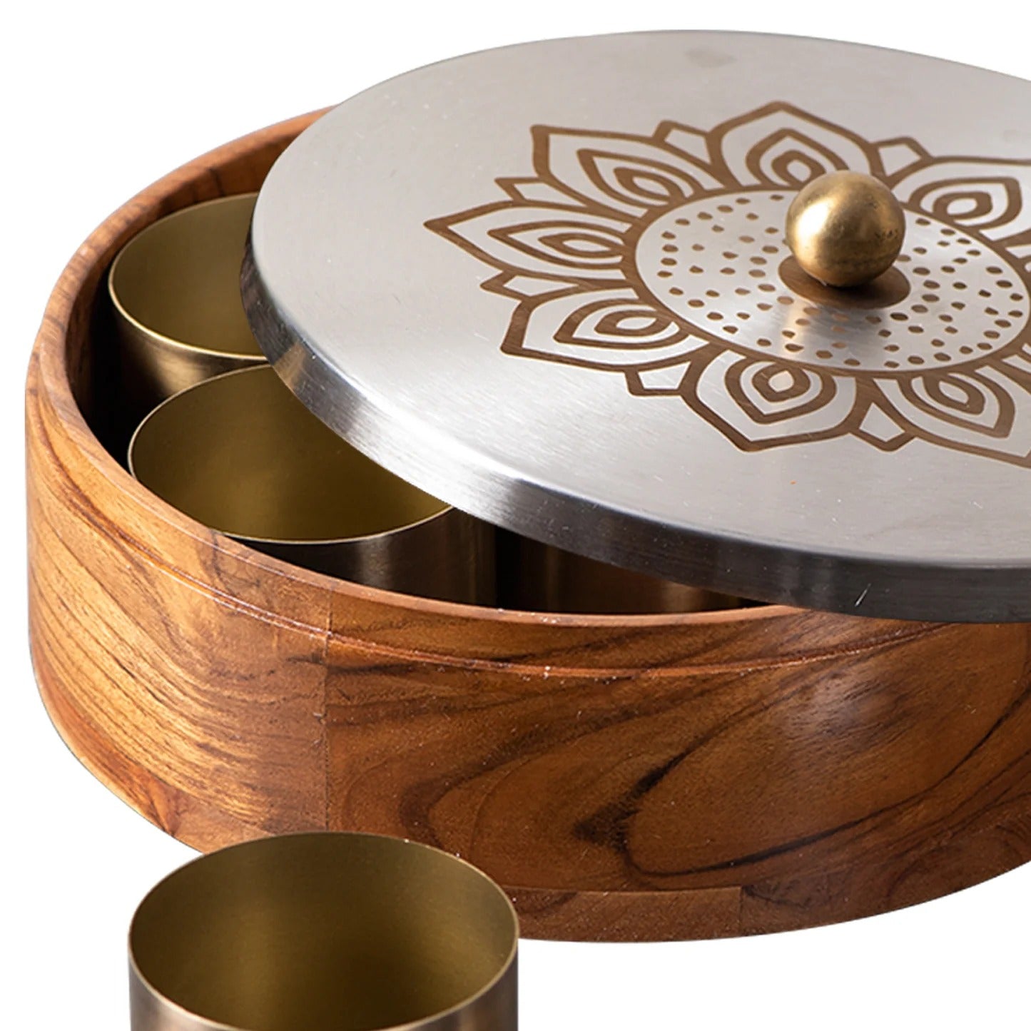Nestroots Inscribe Acacia Wood Masala Box Floral Silver Laser Design