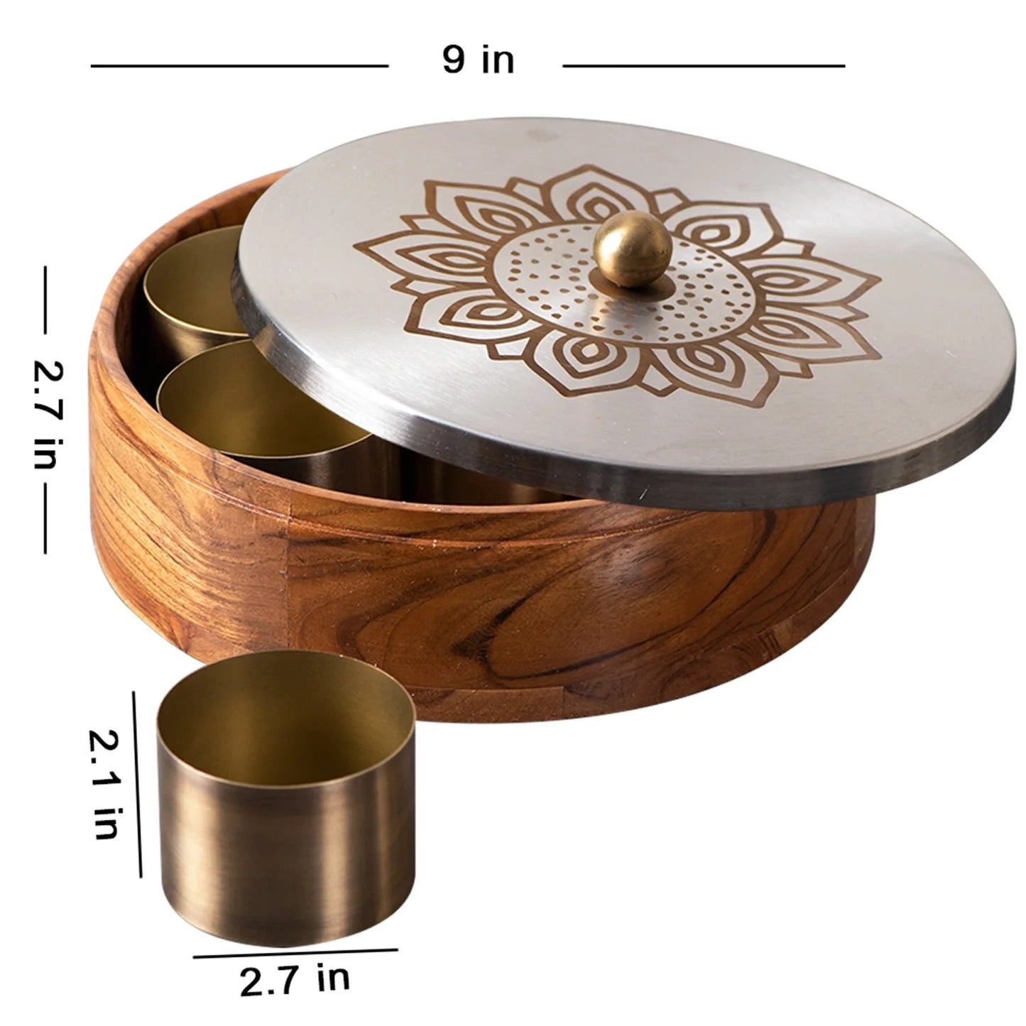 Nestroots Inscribe Acacia Wood Masala Box Floral Silver Laser Design